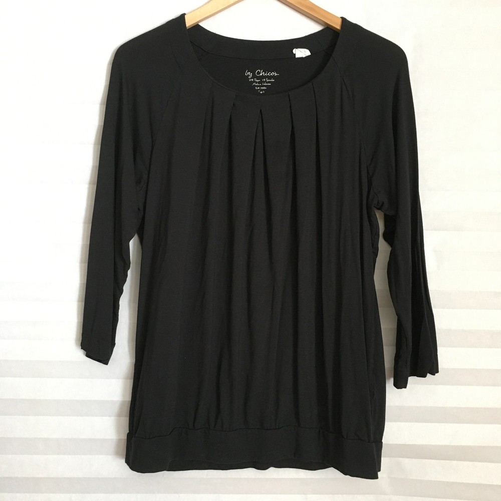 By Chicos Womens Blouse Top Size 2‎ Stretch Black Pull Over 3/4th Sleeve